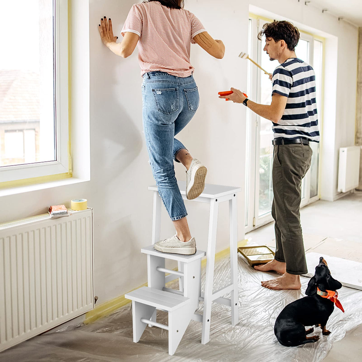 Giantex 3 Tier Folding Step Ladder, Multifunction 3-in-1 Wood Step Stool, Display Ladder and Storage Shelf for Library, Home Kitchen, Household Work, White Giantex