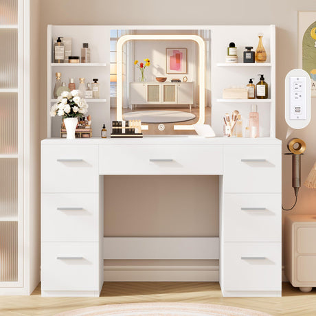 LIVELYGLOW Large Makeup Vanity Desk, 43.3”W x 15.7“D x 53.2”H, White (Large Desktop, Samrt LED Mirror, 4 Open Shelves, 7 Drawers, Hairdryer Rack, Power-Outlet, No Cushion Stool Included) LIVELYGLOW