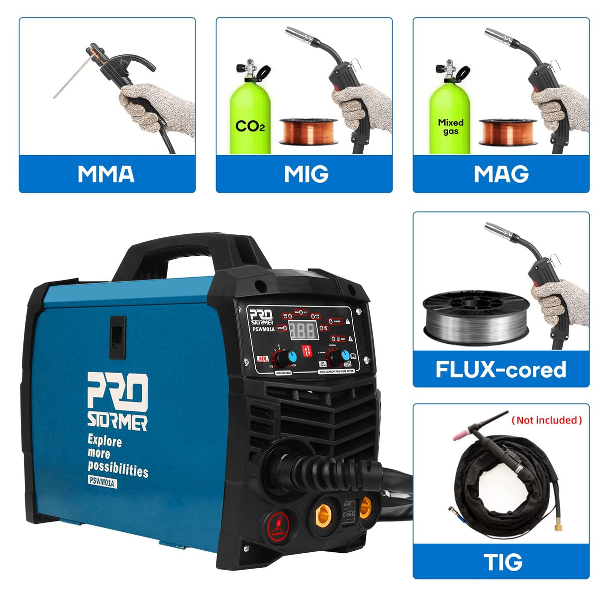 Prostormer Welding Machine, MIG/TIG/MMA 3 in 1 Multifunctional Welder with Digital Display, Electrode Holder, Earth Clamp, Input Power Adapter Cable and Brush Prostormer