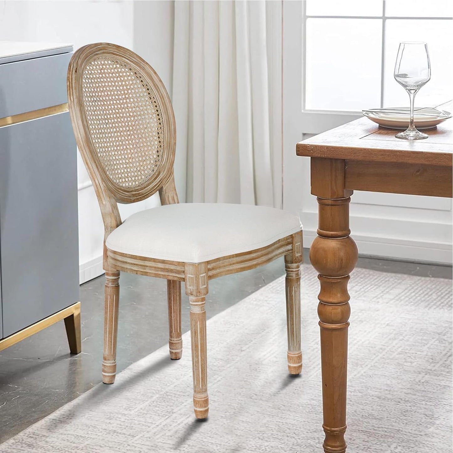 Polar Aurora Dining Chairs Set of 2 Beige Rattan Round Back with Solid Wood Legs and Frame for French Country Kitchen Dining Room - WoodArtSupply