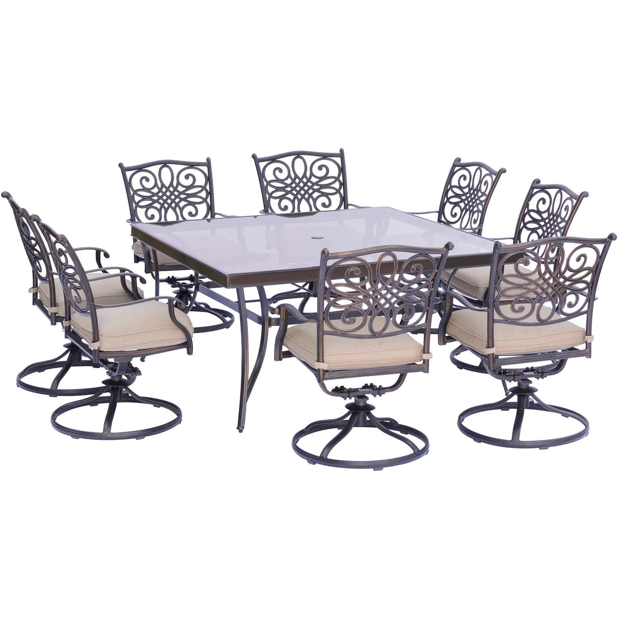 Hanover Traditions 9-Piece Outdoor Dining Set with Tan Cushions, 8 Swivel Rockers and Tempered Glass Square Dining Table, All-Weather, Rust-Resistant Aluminum Patio Dining Set for 8 Hanover