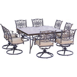 Hanover Traditions 9-Piece Outdoor Dining Set with Tan Cushions, 8 Swivel Rockers and Tempered Glass Square Dining Table, All-Weather, Rust-Resistant Aluminum Patio Dining Set for 8 Hanover