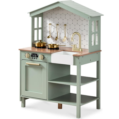 Best Choice Products Pretend Play Wooden Farmhouse Kitchen Set for Kids w/ Toy Storage, Clicking Knobs, Windows, 5 Accessories Included - Sage