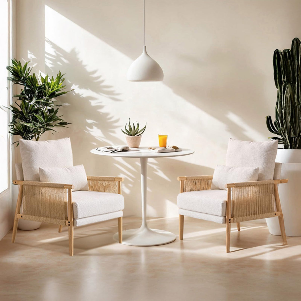 VINGLI Braid Accent Chairs Set of 2,Mid-Century Modern Armchiars with Solid Wooden Armrest,Comfy Louge Chairs with Waist Pillow for Bedroom,Living Room,Reading Room, Beige VINGLI