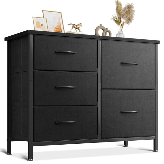 AODK Dresser for Bedroom Dresser TV Stand with 5 Storage Drawers, Small Fabric Dresser Chest of Drawers for Closet Organizer Clothes, Black