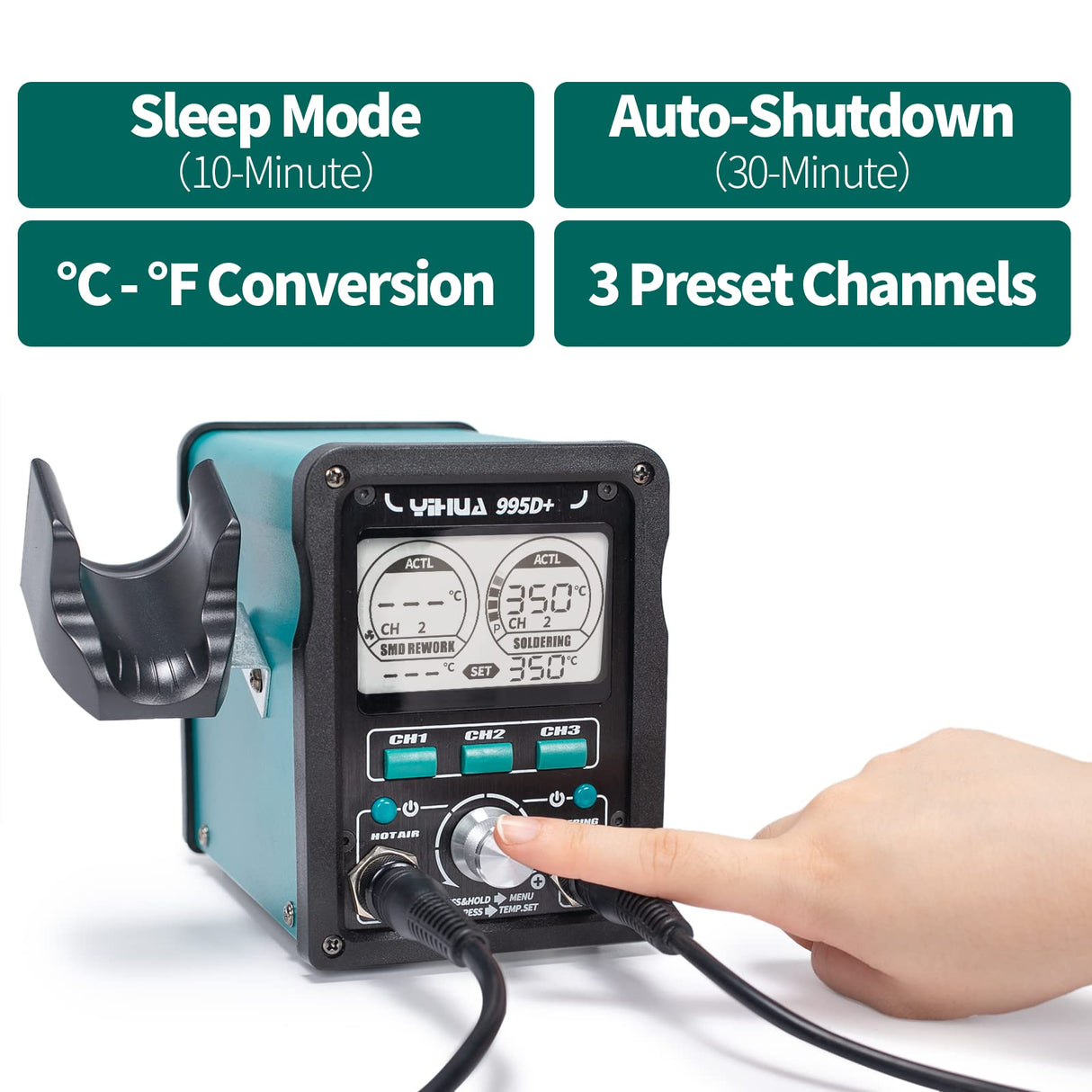 YIHUA 995D+ EVO Soldering Hot Air Station Kit 2-IN-1 110W Soldering Iron with LCD Display, Power Meter, Preset Channels, Sleep Mode, °C-°F Conversion, Automatic Shutdown Functions YIHUA