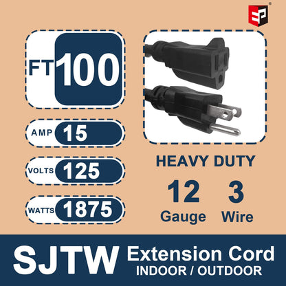 EP 100 Ft Outdoor Extension Cord - 12/3 SJTW Heavy Duty Black Extension Cable with 3 Prong Grounded Plug - Power Cord for Lawn, Garden, Appliances - WoodArtSupply