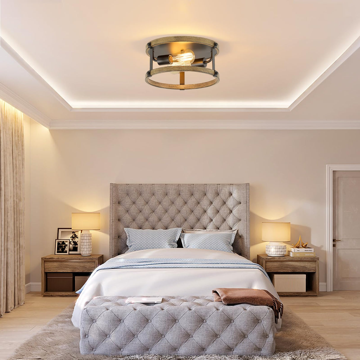 2 Pack Farmhouse Ceiling Light Fixture,E26 Base 2-Light Hallway Ceiling Light Fixtures,Black and Wood Flush Mount Ceiling Light for Kitchen Entryway Porch Etc Closet ZSANZYU