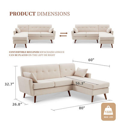 Weture 80” Convertible Sectional Couches for Living Room,3 Seat L Shaped Sofa with Removable Pillows,Mid Century Modern Sofa Couch with Chaise,Small Couch for Bedroom, Apartment & Office(Linen-Beige)