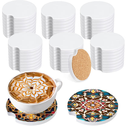 Guiqulai 48PCS Ceramic Car Sublimation Blanks Cupholders,Absorbent Ceramic Sublimation Coasters Blanks with Finger Notch,2.6'' Ceramic Stone Car Cup Coasters with Cork Back for Keeping Drink Spill