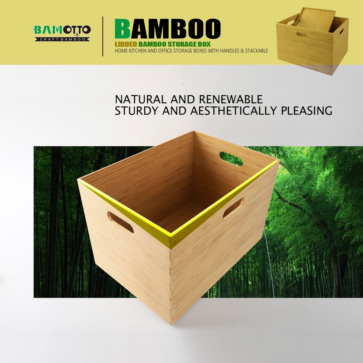 BAMOTTO Lidded Bamboo Storage Bins & Box/Cube/Basket, Home Kitchen and Office Storage Boxes with Handles & Stackable for Organizer Tableware, Crafts, Office Shelf Books, Large, 14.6”x10.2”x9.6” BAMOTTO CRAFTBAMBOO