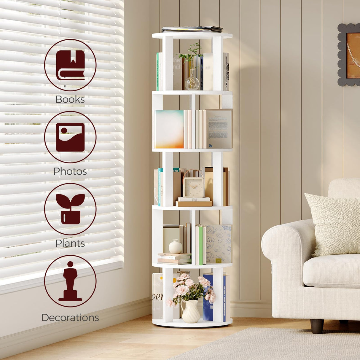 MAHANCRIS 5-Tier Rotating Bookshelf, 360° Spinning Bookshelf Tower, Floor Standing Round Revolving Bookcase, Display Rack for Books, CDs, for Living Room, Study, Bedroom, White BKWT6501 MAHANCRIS
