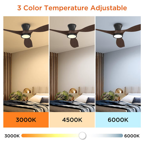TALOYA 52 Inch Ceiling Fans with Led Lights Remote Control Flush Mount Low Profile for Bedroom Farmhouse Patio Outdoor Living Room Kitchen Dining Room,DC Motor,Reversible,Buzzer ON/OFF,Black Walnut TALOYA