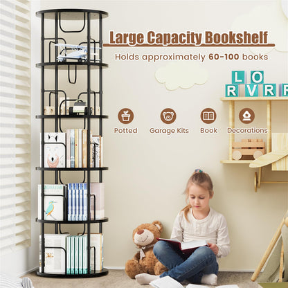 ALLSTAND 5-Tier 360° Rotating Black Bookshelf – Space-Saving Swivel Tower for Home Storage - WoodArtSupply