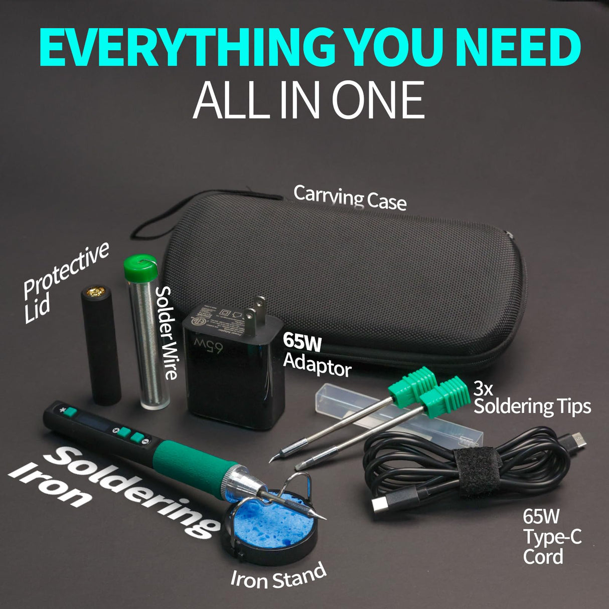 YIHUA 928D-IV Soldering Iron Pen Kit DC 65W Support PD QC, Type C Portable Soldering Station with 3 Tips, Solder Wire, Protective Cap YIHUA