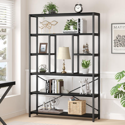 LVB 6 Tier Tall Black Bookshelf, Modern Large Wide Book Rack Storage, Industrial Wood Metal Etagere 6 Shelf Bookcase, Farmhouse Open Display Book Shelf Organizer for Bedroom Living Room Office, Black