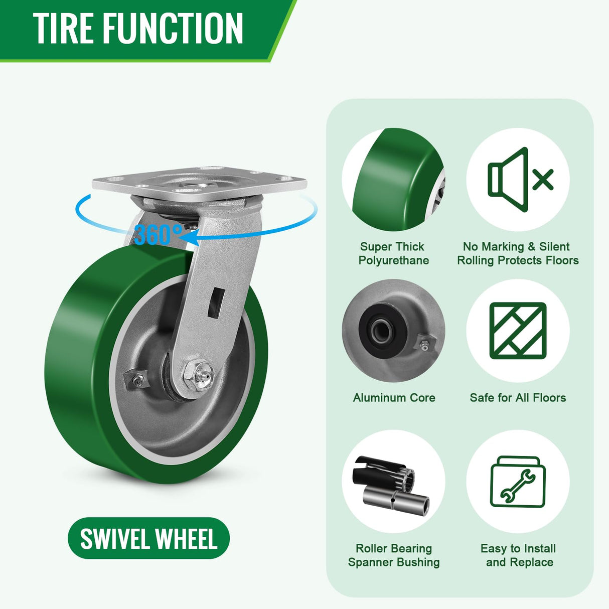 FOVERSWIVE 6"x2" Industrial Casters- Heavy Duty Casters,Polyurethane on Aluminum Casters - Loading Capacity up to 1400LB.Use for Platform Truck,Workbench,Lift Tables(1 Swivel) FOVERSWIVE
