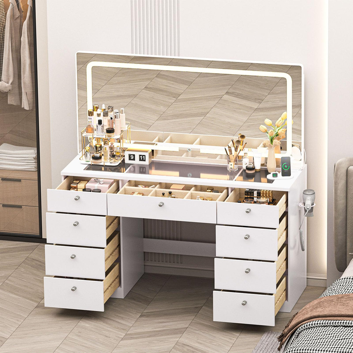 JassmiPkwy 46 INCH Makeup Vanity Desk with Mirror - Glass Tabletop Vanity Table with Lights, Drawers, Power Outlet, Large Storage Desk for Bedroom, White JassmiPkwy