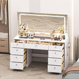 JassmiPkwy 46 INCH Makeup Vanity Desk with Mirror - Glass Tabletop Vanity Table with Lights, Drawers, Power Outlet, Large Storage Desk for Bedroom, White JassmiPkwy