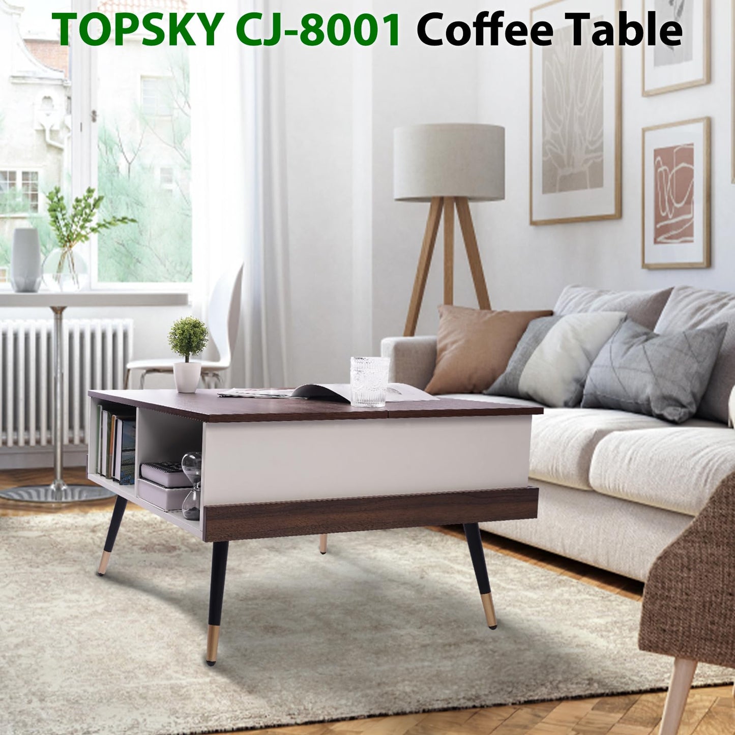 TOPSKY Lift Top Coffee Table, Square Coffee Table with Storage Shelves (Light Walnut) - WoodArtSupply