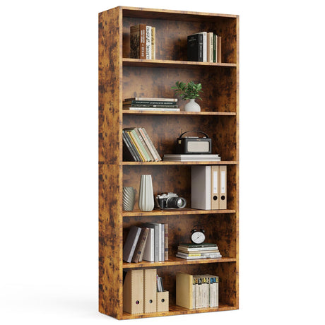 Sweetcrispy Industrial 6 Shelf Bookcase - Large 63 Inch Tall Floor Standing Open Bookshelf with Anti-Tipping Device for Home Office, Living Room, and Bedroom Storage, Rustic Brown Sweetcrispy
