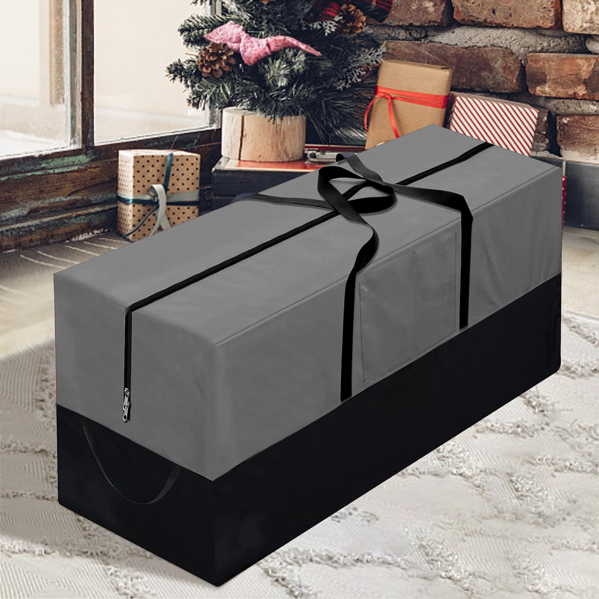 Christmas Tree Storage Bag, Fits Up 10 Ft Tall Artificial Trees-Heavy Duty Holiday Storage Box with Durable Reinforced Handles & Zipper & Transparent Pocket- 600D Oxford Tree Storage Container, Gray PLTCAT