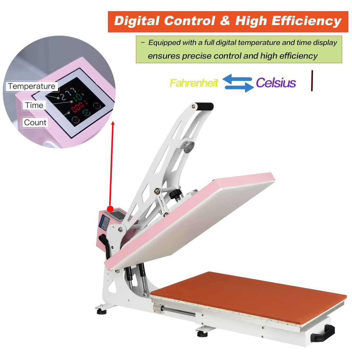 Heat Press Machine for T-Shirts: 16x24 Auto Open Semi-Automatic Sublimation Heat Press with Slide-Out Base, Clamshell Design, 110V, 2000W, for Ceramics, Bags, Cushion and More (Pink) WUMSTOT