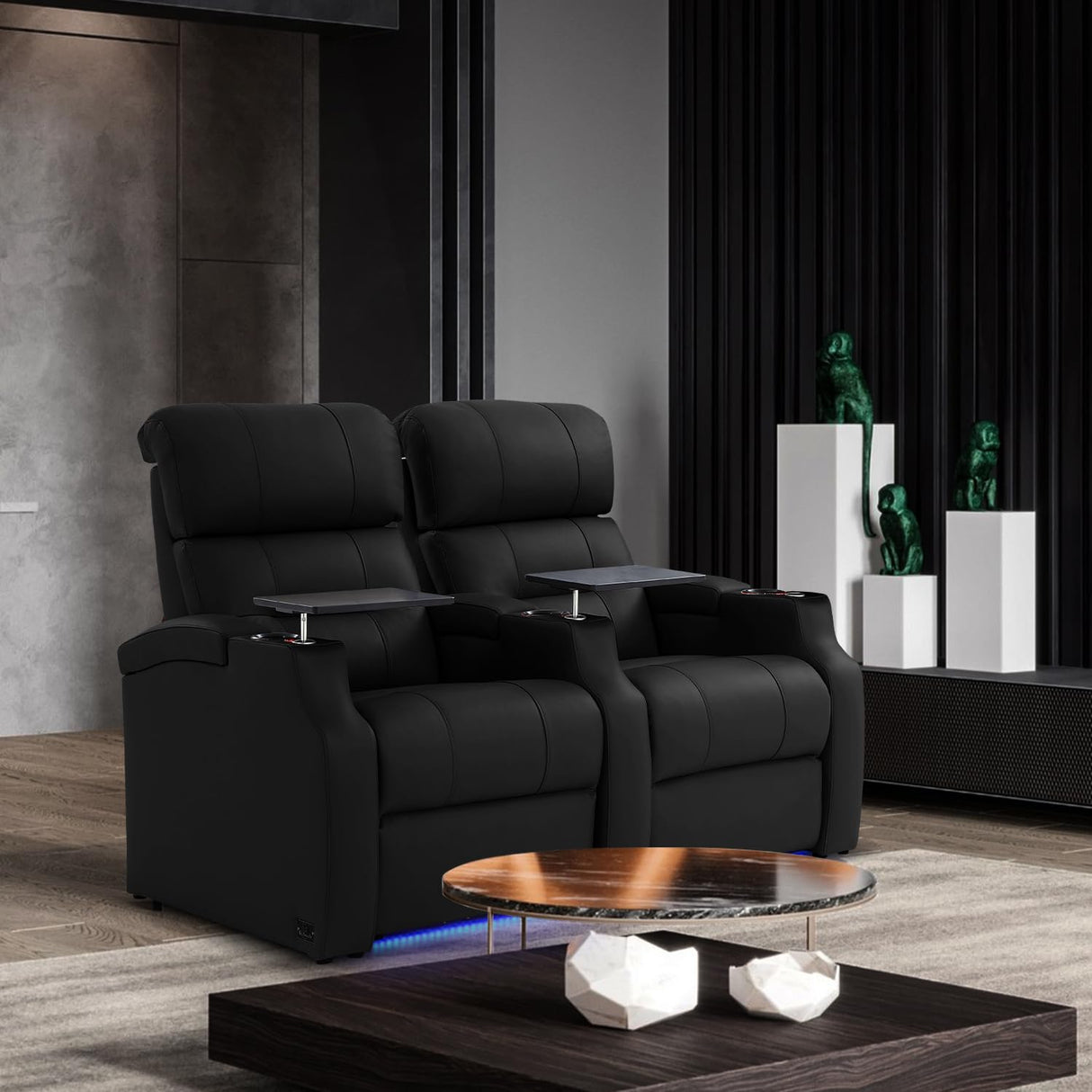 Weilianda Home Theater Seating, Top Grain Leather Sectional Seats Recliner Chair, Zero Gravity Reclining Sofa with Power Headrest 7 Colors Ambient Lighting USB C Charge Row of 3 Black Weilianda