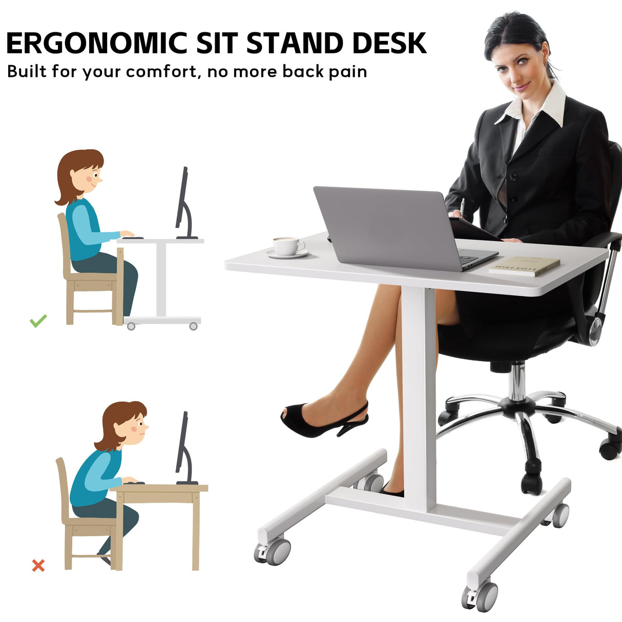 GallopFun Mobile Laptop Standing Desk Adjustable Height, Small Mobile Desk Workstation with Wheels, Portable Rolling Computer Desk Cart for Home Office Classroom (White) GallopFun