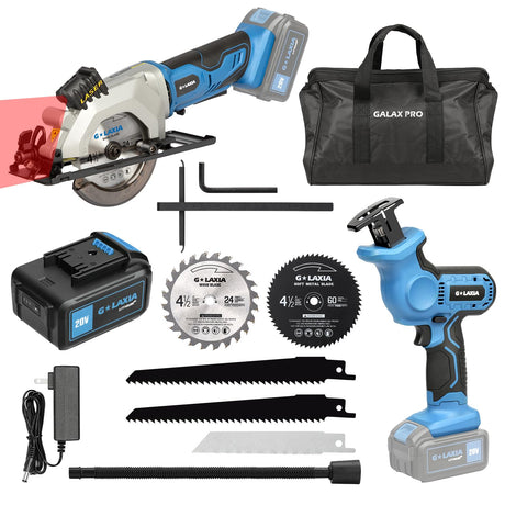 G LAXIA 20V Max Cordless Combo Kit, 4-1/2" Cordless Circular Saw, Reciprocating Saw 0-3000 SPM, 1 Piece 4.0 Ah Li-ion Battery with Charger, 2 Pcs Blades for Mini Circular Saw and 3 Pcs Blades for Saw G LAXIA