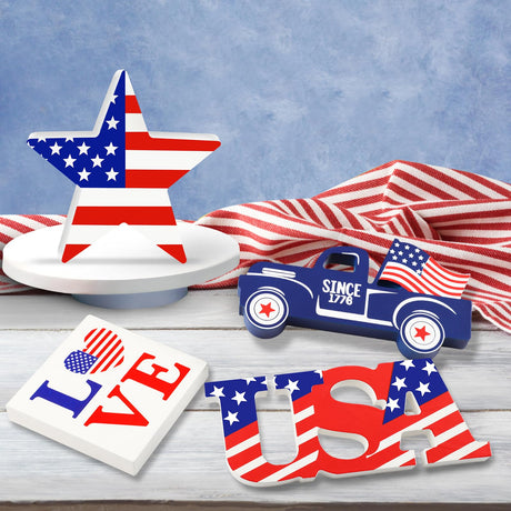 4th of July Decor Patriotic Decorations 4Pcs Wooden Star USA LOVE Car Sign Fourth of July Table Decorations Memorial Day Red White and Blue Decor JENFALL