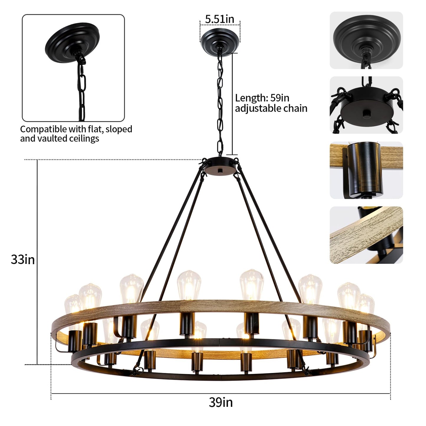 Luxdsgn Wagon Wheel Chandelier 39-Inch 16-Light, Oak Wood and Black Finish Round Rustic Farmhouse Chandelier Extra Large for High Ceilings, Living Room Foyer