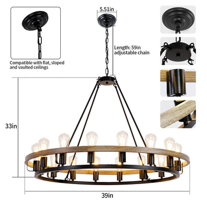 Luxdsgn Wagon Wheel Chandelier 39-Inch 16-Light, Oak Wood and Black Finish Round Rustic Farmhouse Chandelier Extra Large for High Ceilings, Living Room Foyer