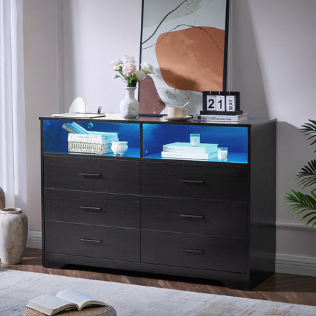 Black Dresser for Bedroom Wooden, 6 Drawer Dresser with Charging Station and LED Lights, Modern Wood Dressers & Chests of Drawers, 48" Wide Chest of Drawers for Bedroom, Hallway, Living Room LIDYUK