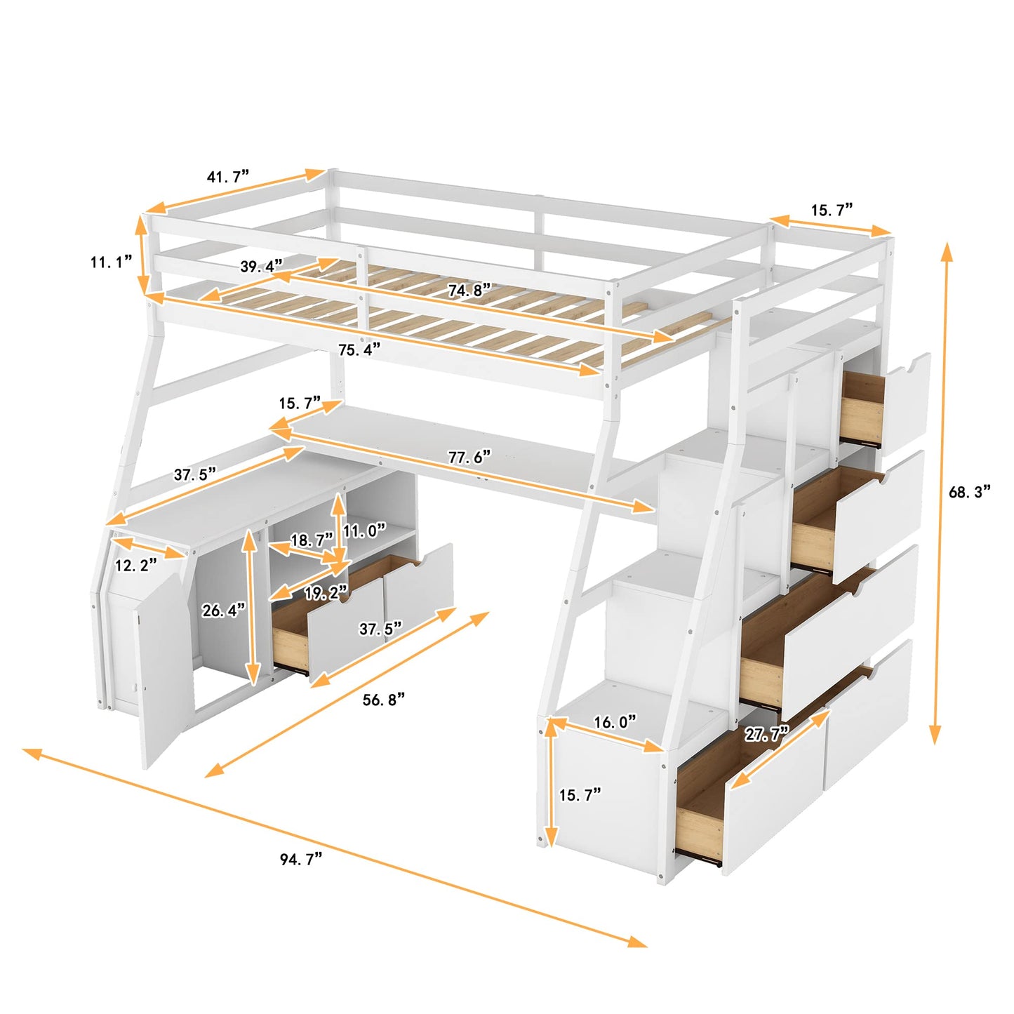 Harper & Bright Designs Twin Loft Bed with Stairs, Desk, and Storage – Solid Wood Frame in White