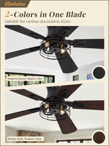 2 Pack Flush Mount 42 Inch Farmhouse Ceiling Fan with Light, Caged Ceiling Fans for Bedroom Living Room, Double-Sided 5 Blades Rustic Ceiling Fan-Black Fanbulous