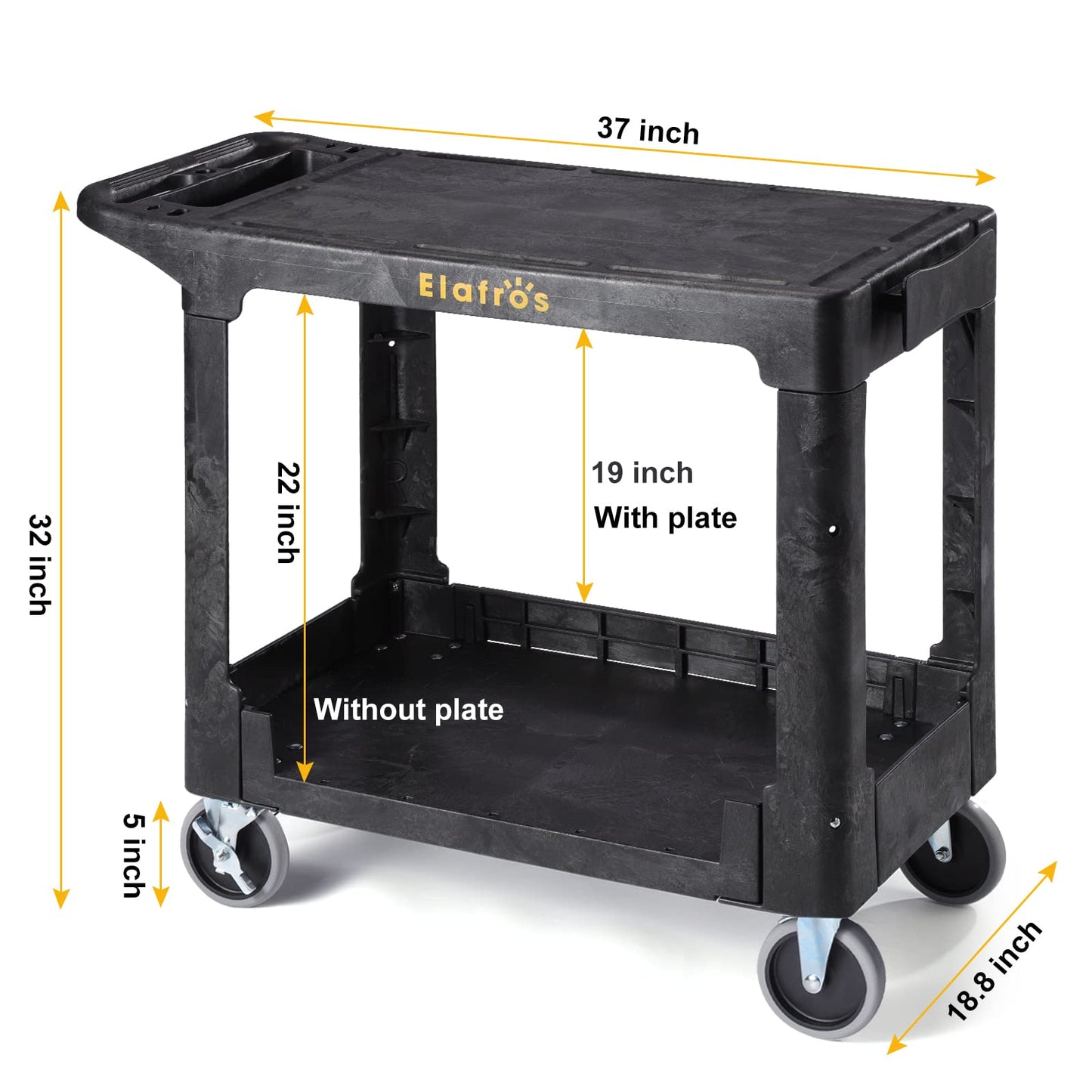 ELAFROS Heavy Duty Plastic Utility Cart, 37 x 18.8 in, Flat Top, Swivel Wheels, 550 lbs Capacity, Black - WoodArtSupply