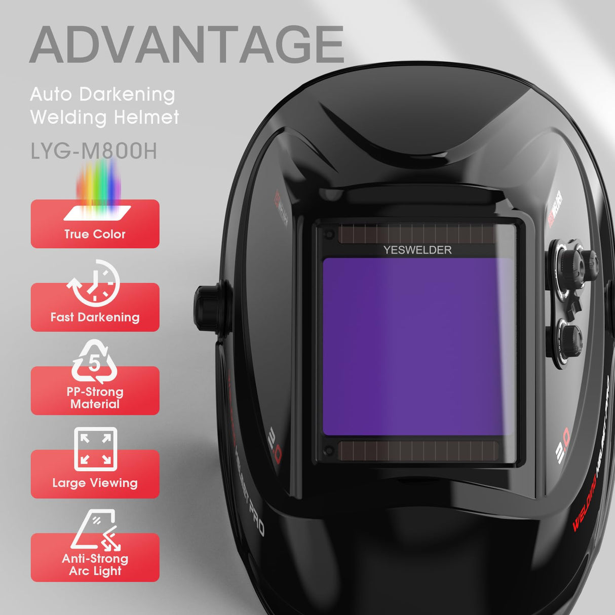 YESWELDER Large Viewing Screen 3.93"X3.66" True Color Solar Power Auto Darkening Welding Helmet, 4 Arc Sensor Wide Shade 4/5-9/9-13 for TIG MIG Arc Weld Grinding Welder Mask LYG-M800H YESWELDER