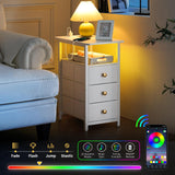 Yoobure End Table with Charging Station, LED Narrow Side Table Bedside Table, Small Night Stand End Tables Living Room, Skinny Nightstand with 3 Fabric Drawers, Side Tables Bedroom for Small Spaces Yoobure