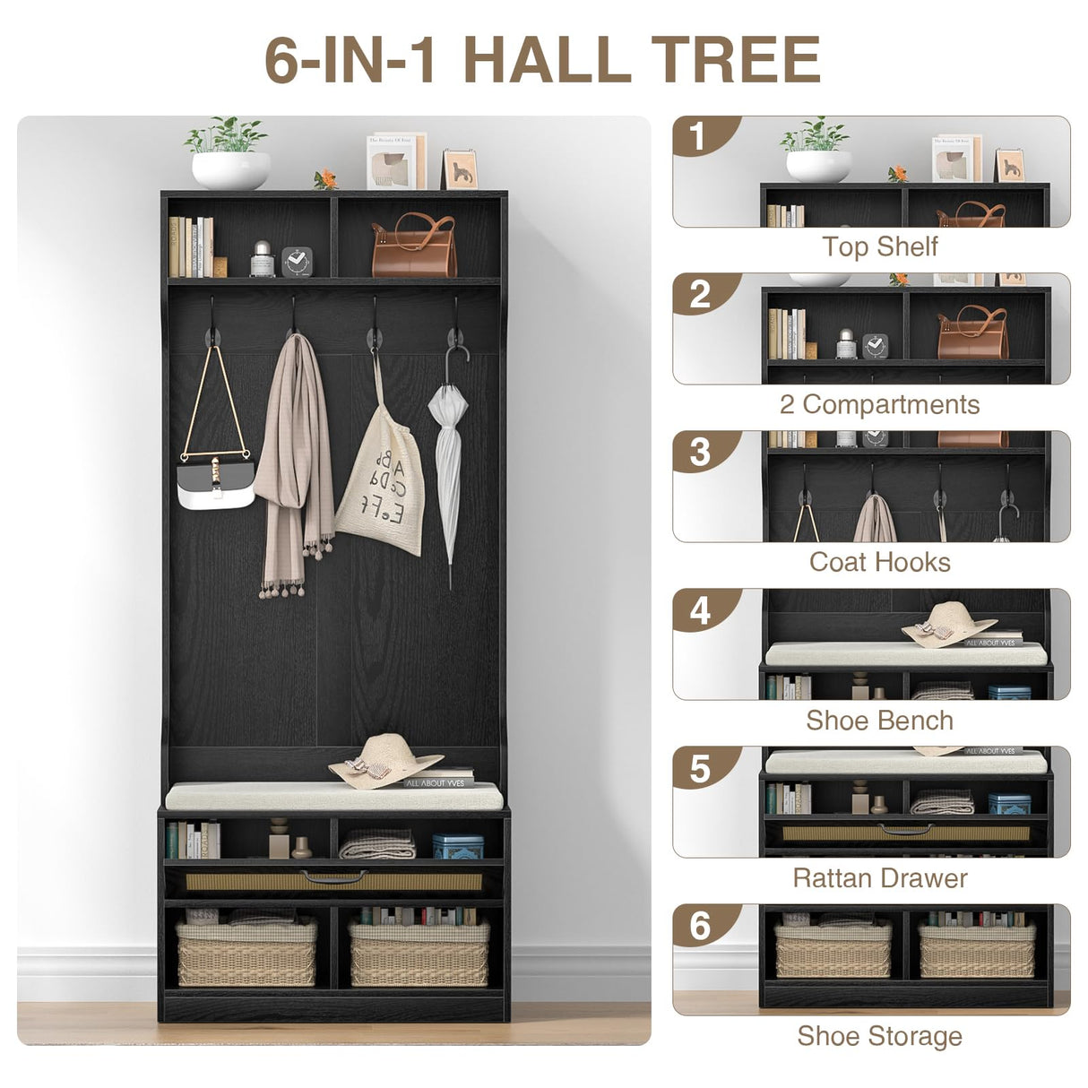 Anmytek Hall Tree with Bench and Shoe Storage, Farmhouse Entryway Bench with Coat Rack, 6 Compartments & 4 Hooks & Rattan Door, Shoe Storage Bench with Soft Cushion for Hallway, Living Room, Black Anmytek