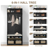 Anmytek Hall Tree with Bench and Shoe Storage, Farmhouse Entryway Bench with Coat Rack, 6 Compartments & 4 Hooks & Rattan Door, Shoe Storage Bench with Soft Cushion for Hallway, Living Room, Black Anmytek