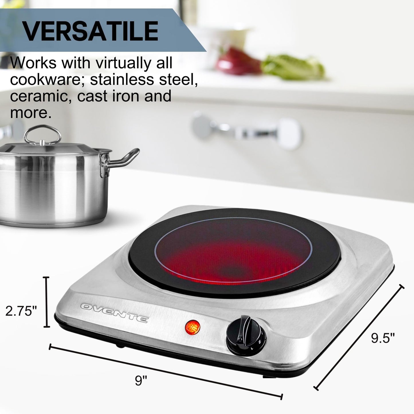 OVENTE Countertop Infrared Single Burner, 1000W Electric Hot Plate with 7” Ceramic Glass Cooktop, 5 Level Temperature Setting & Easy to Clean Base, Compact Stove for Home Dorm Office, Silver BGI101S