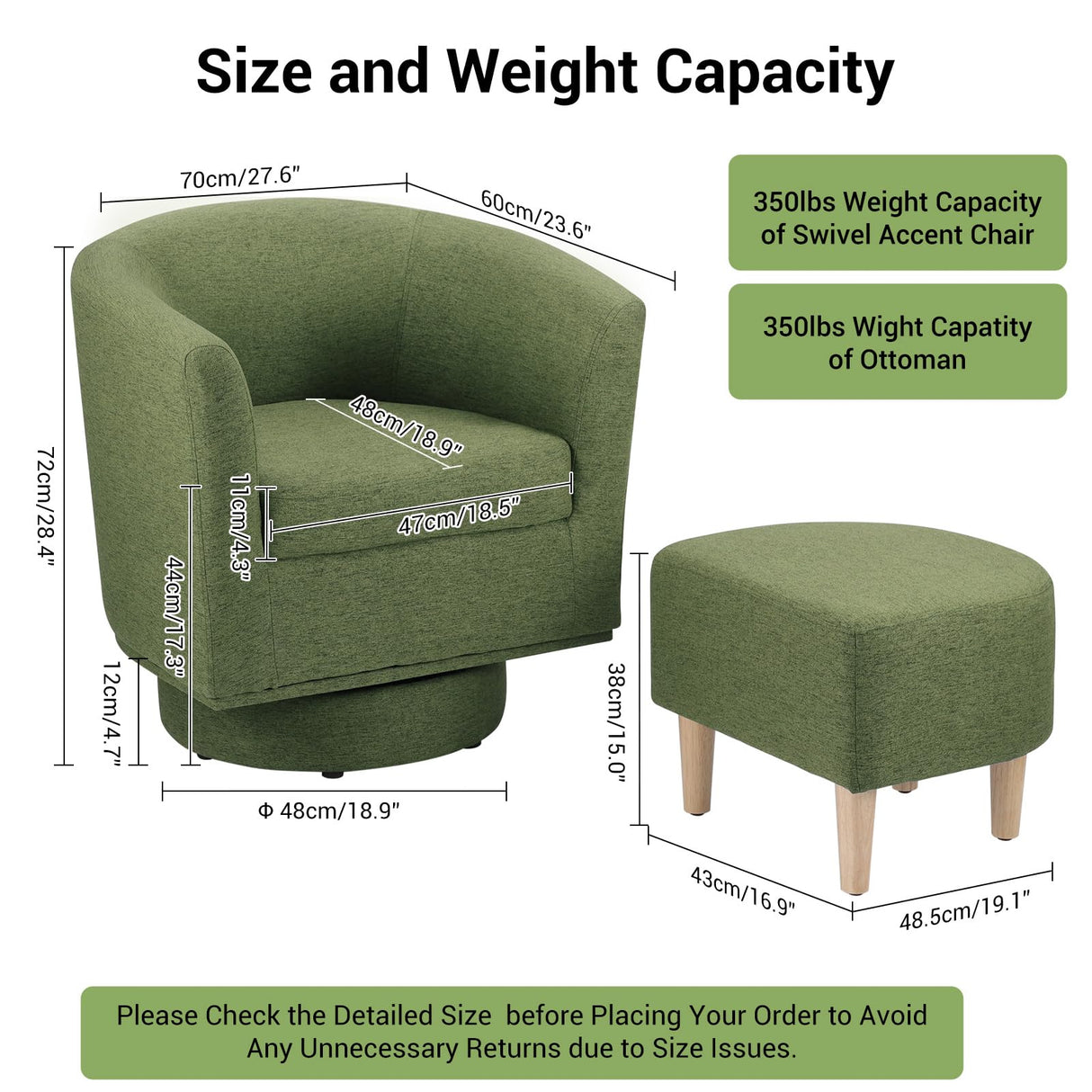 DAZONE Green Swivel Accent Chair with Ottoman, Comfy Barrel Armchair for Small Spaces, 360° Modern Fabric Lounge Chair for Living Room, Bedroom, Reading Nook, Home Office DAZONE