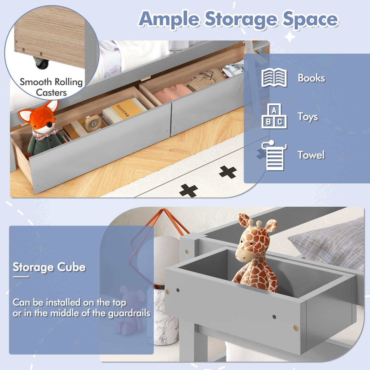 KOTEK Twin Over Twin Bunk Bed with Storage Drawers and Guardrails in Grey KOTEK