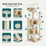DUMOS 54-inch Indoor Cat Tree Tower –Multi-Level Pet House for Large Cats with 2 Condos, Scratching Posts, Round Platform, Small Ladder, and Toys, Beige DUMOS