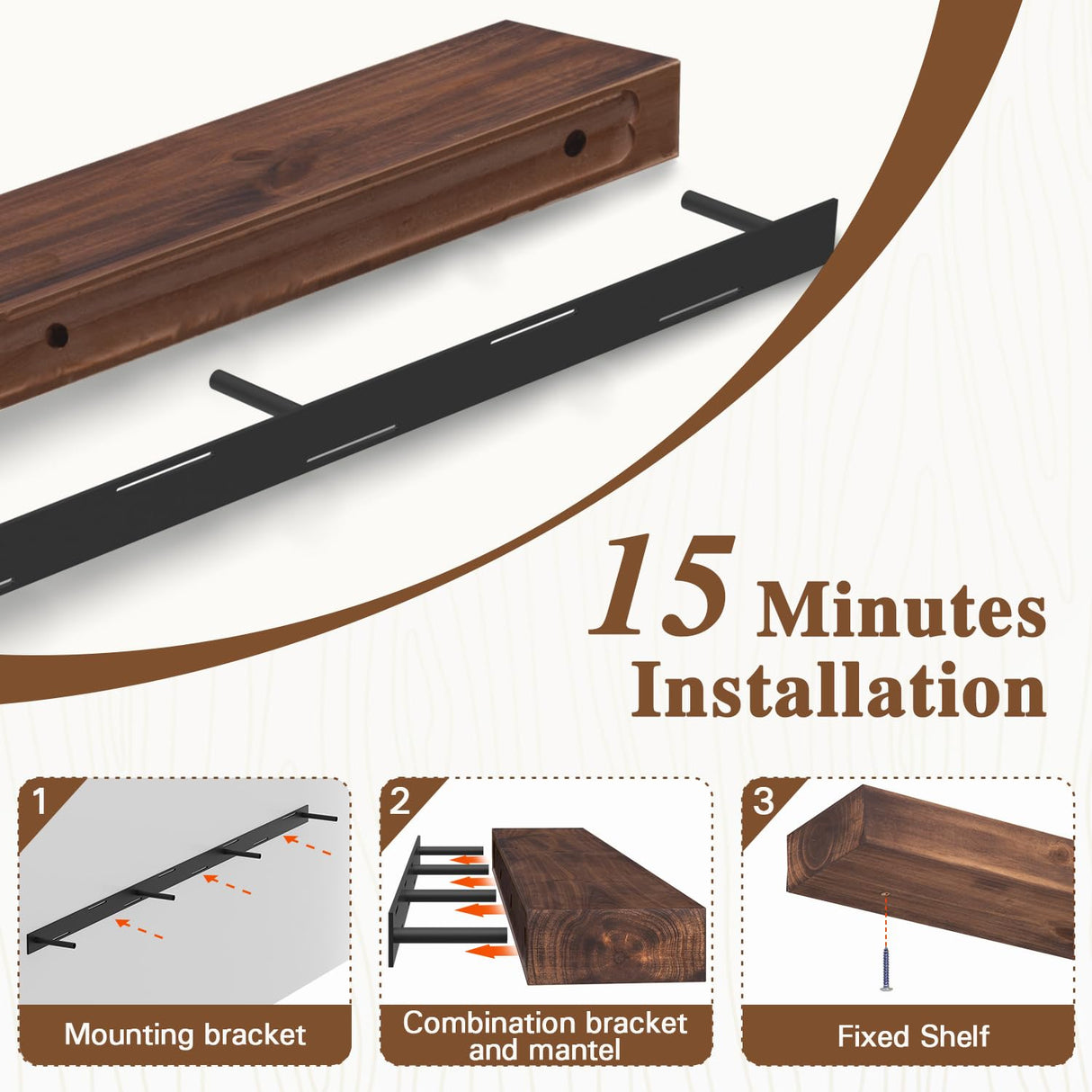 Fireplace Mantel, 60 Inch Handcrafted Wood Mantles with Invisible Heavy Duty Metal Bracket, Floating Mantel Shelf for Wall Decor, Brown Eshoma