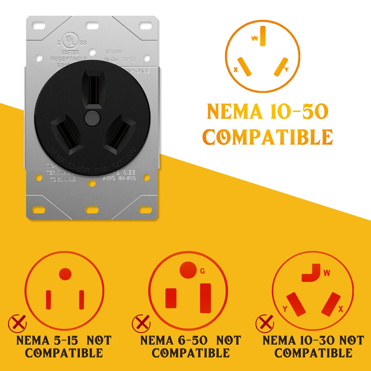 Kanayu 3 Prong Stove Adapter Compatible with NEMA 10-50P to 14-50R Adapter 3 Prong Male Plug to 4 Female Receptacle 50Amp EV Charger Generator Welder Dryer Power Cord Connector(Yellow) Kanayu