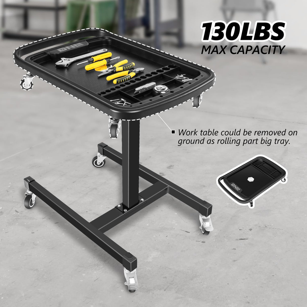 DNA MOTORING 2 in 1 Working Table - Adjustable Height 30.5'' to 47.2'', Rolling Part Tray with 4 Rollers, Portable Work Bench with 2 Brake Wheels, DNA MOTORING