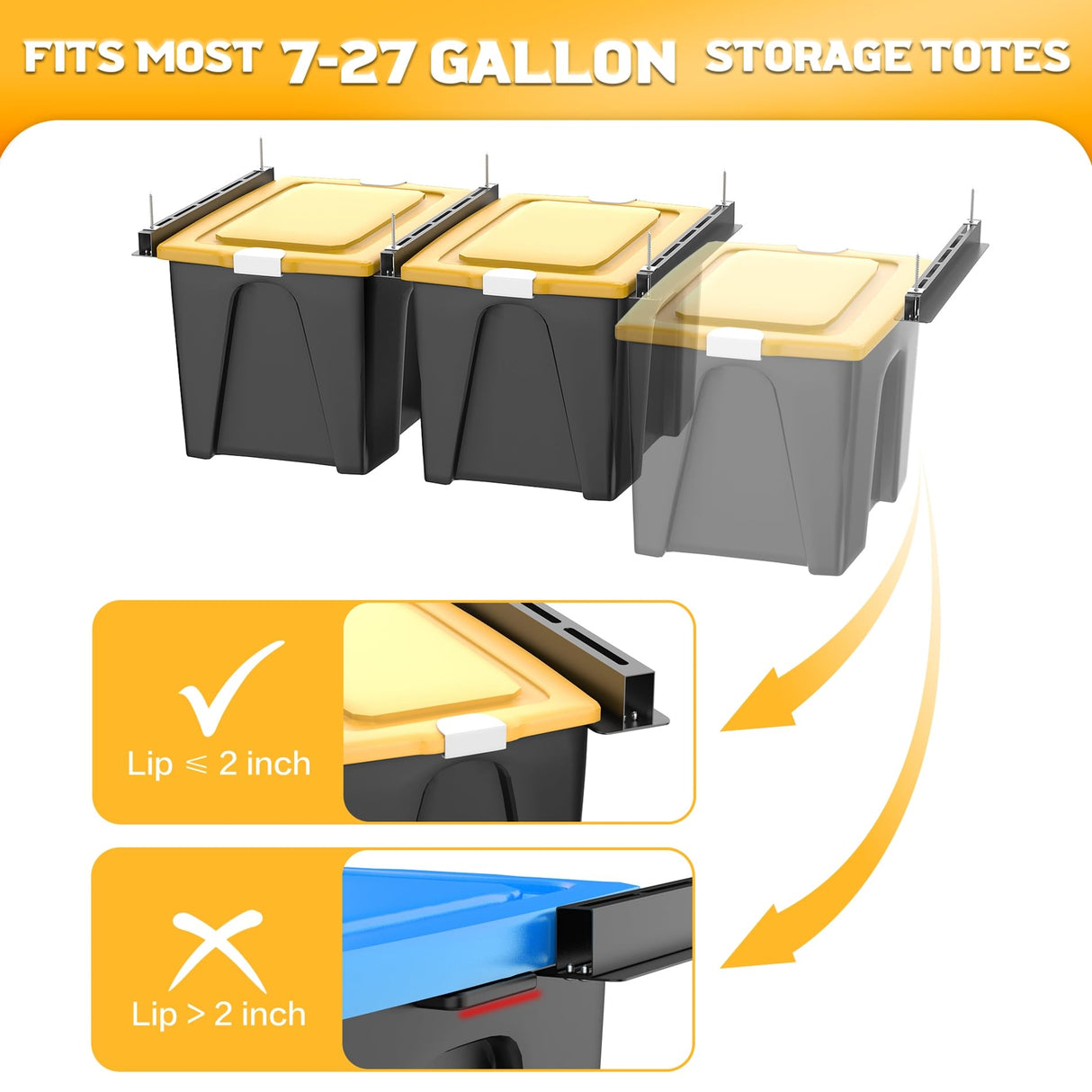 WALMANN Ceiling Tote Storage Rails, Heavy Duty Garage Ceiling Bin Storage Rack Adjustable Overhead Tote Slide Rail(4 Pack for 3 Bins, Bins Are Not Included) WALMANN