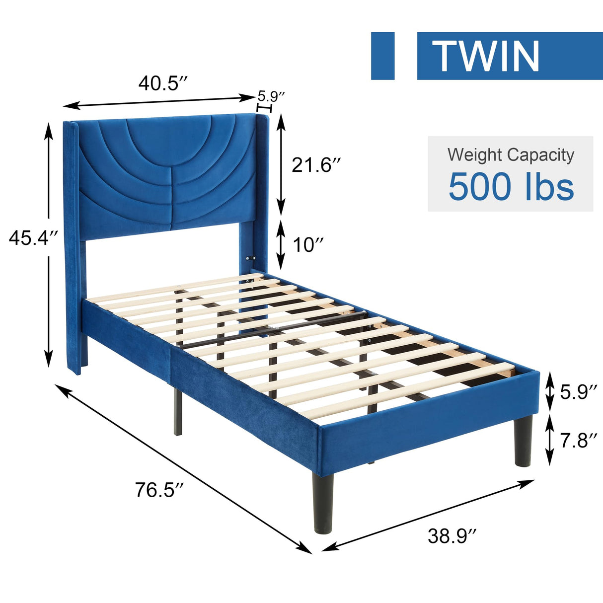 VECELO Twin Upholstered Platform Bed Frame with Fabric Headboard,Wooden Slats Support/No Box Spring Needed/Mattress Foundation,Dark Blue VECELO